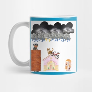 the cat and dog in the rain Mug